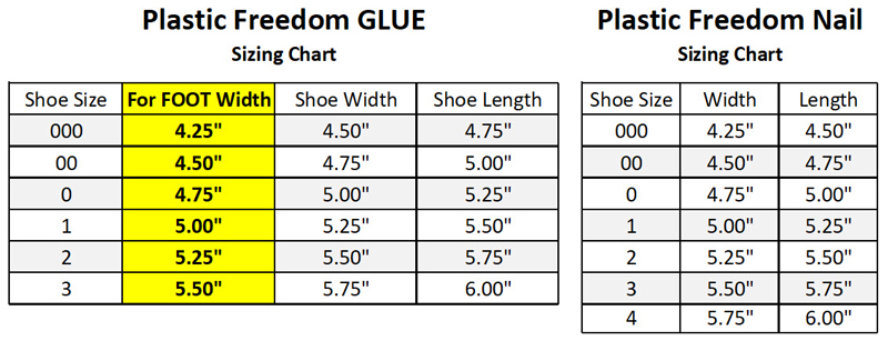 Plastic Freedom GLUE Shoe Sizing Chart